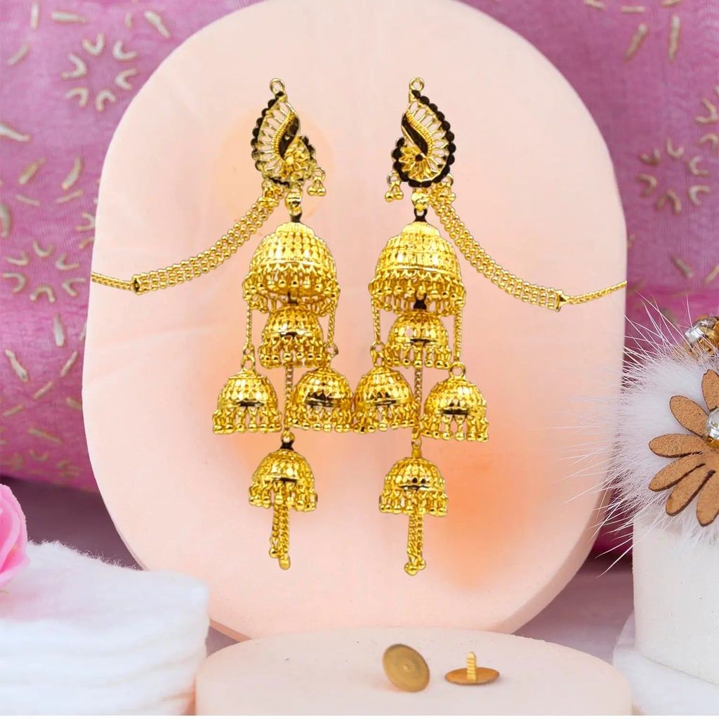 Attractive Sister Multi-Layer Gold Plated Jhumka Earrings with Hair Chain – Royal Bridal Jewelry