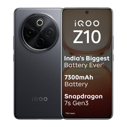 iQOO Z10 5G (Stellar Black, 12GB RAM, 256GB Storage) | India's Biggest Ever 7300 mAh Battery | Snapdragon 7s Gen 3 Processor | Brightest Quad Curved AMOLED Display in the Segment iQOO Z10 5G (Stellar Black, 12GB RAM, 256GB Storage) | India's Biggest Ever