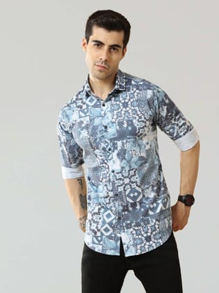 Men's Blue Digital Printed Satin Shirt | Rick Rogue-M/38
