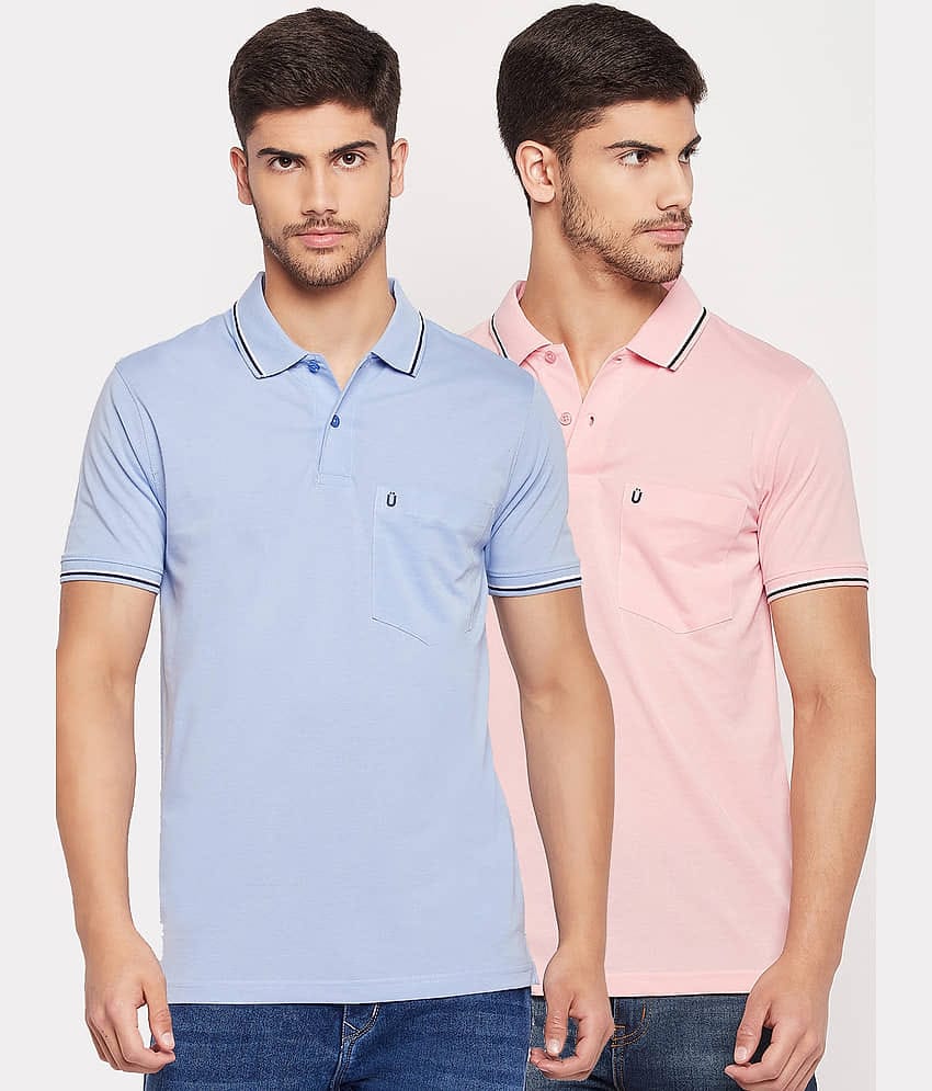 UNIBERRY Pack of 2 Cotton Blend Regular Fit Solid Half Sleeves Men's Polo T Shirt ( Sky Blue )