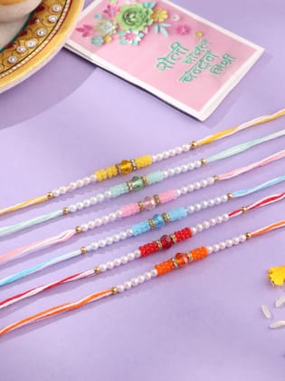 NVR Men Set of 6 Multicolor Artificial Stones & Pearls Rakhi with Roli Chawal Chandan & Mishri-One Size / Multicolor