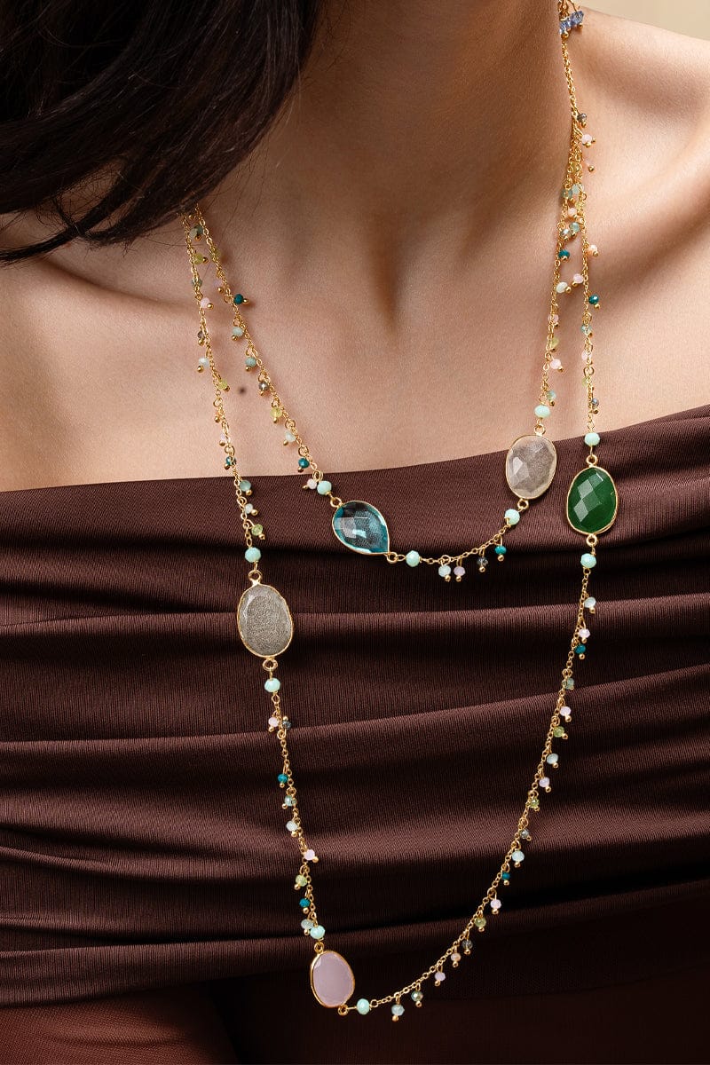 SMITAM JEWELS Azure Layered Gold Toned Crystal Bead Necklace