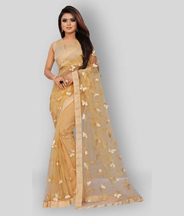 Gazal Fashions Net Applique Saree With Unstitched Blouse Piece ( Beige )