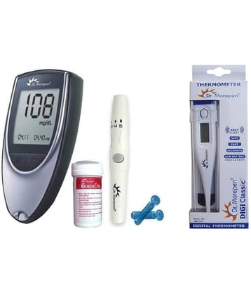 Dr. Morepen BG-03 Glucometer, 50 Sugar Test Strips Expiry- December 2023 & Thermometer