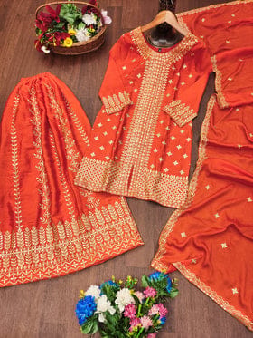 Designer Embroidered Chinon Sharara Suit With Sequence Embroidered Work