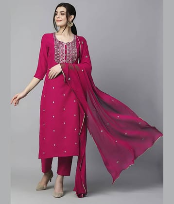 AK FASHION MALL Women Cotton Blend Embroidered A-line Kurti With Pants ( Pink )