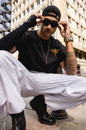 Golden Key Embroidered Oversized Black T-Shirt-S