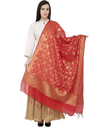 A R Silk Red Chanderi Hand Embroidered Dupatta