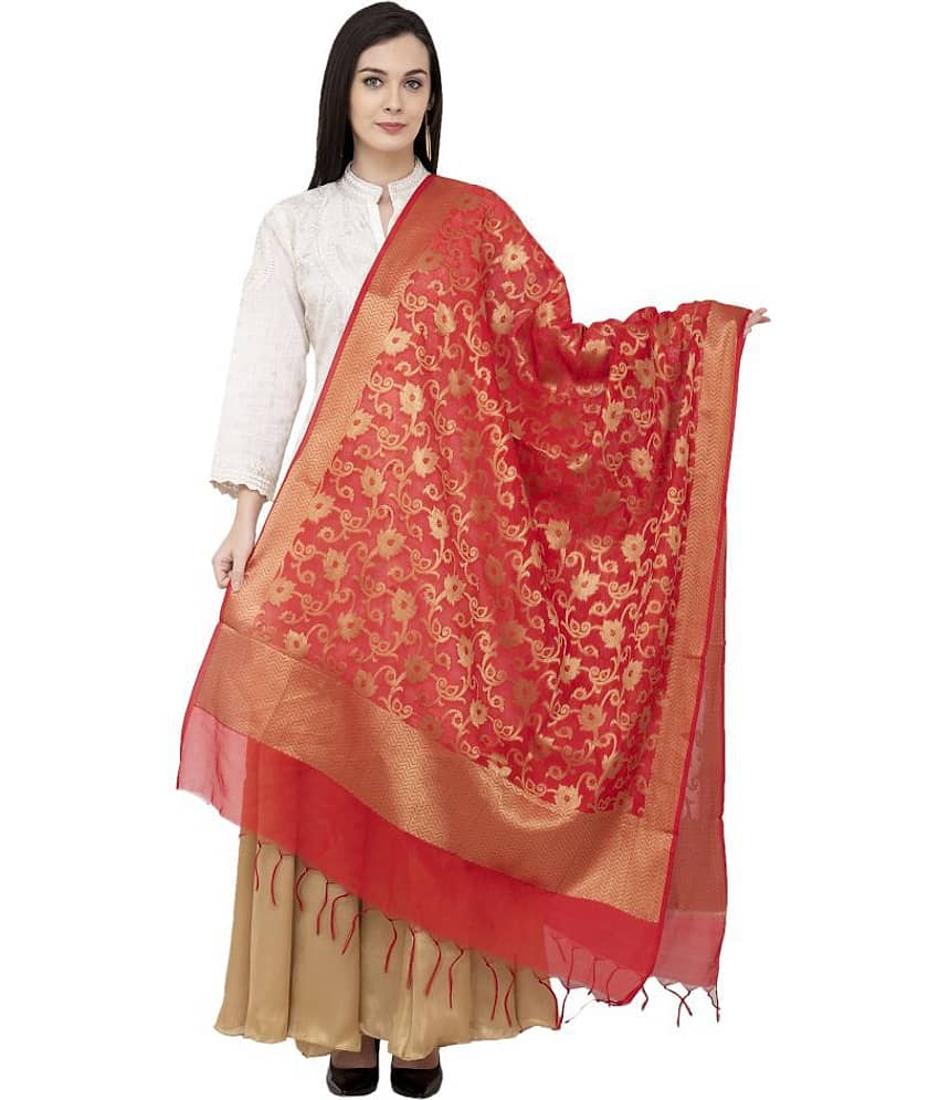 A R Silk Red Chanderi Hand Embroidered Dupatta