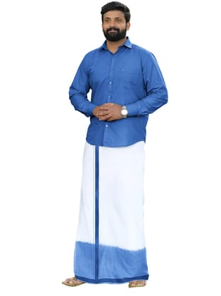 Blue Two Tone Double Dhothie + Shirt Set Full Sleeve 43005-38