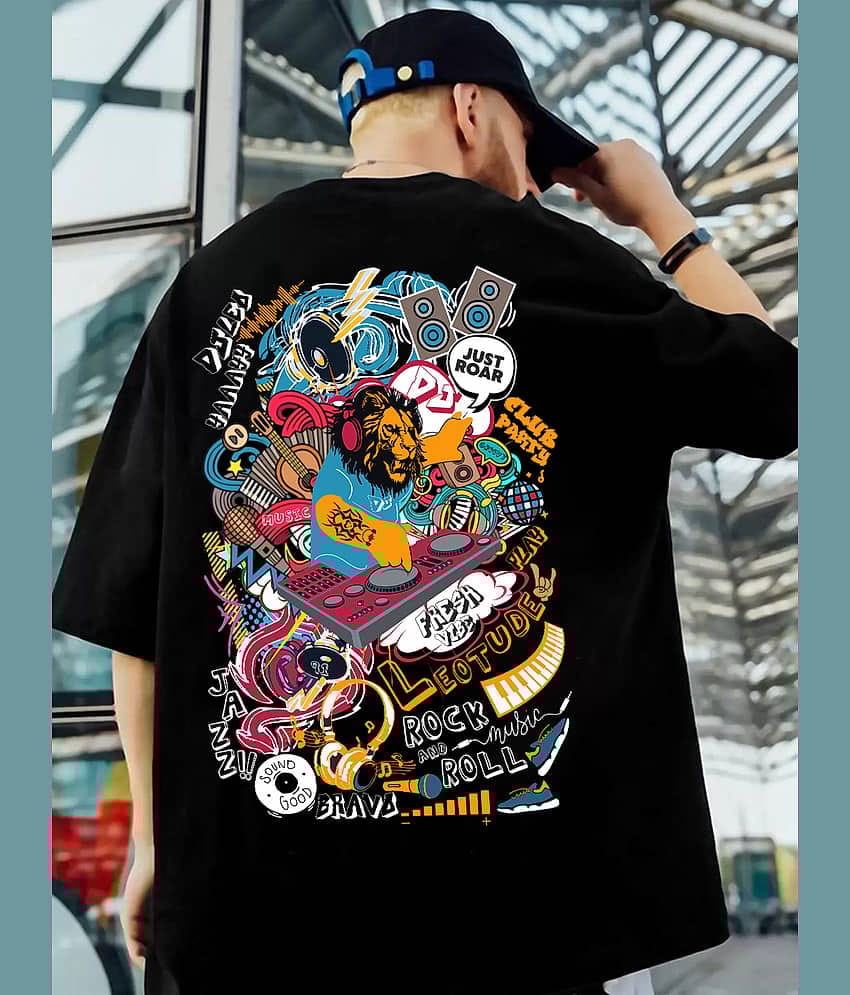 Leotude Men Cotton Blend Oversized Fit Printed T-Shirt ( Black )