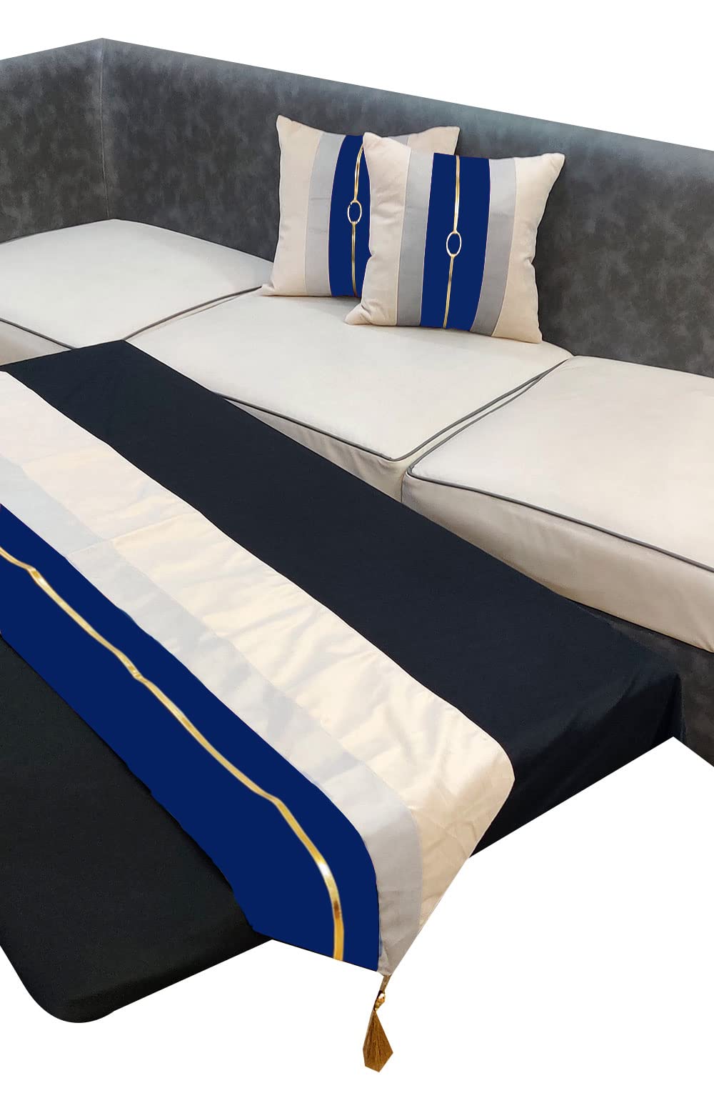 Blue Beige Gold Buckle Velvet 2 Cushion Covers and 1 Table Runner Combo Luxury Modern Pillow Cover Decorative Pillow for Sofa Living Room Bedroom |16X16 Inch Cushion Cover I 12 X 59 Inch Table Runner
