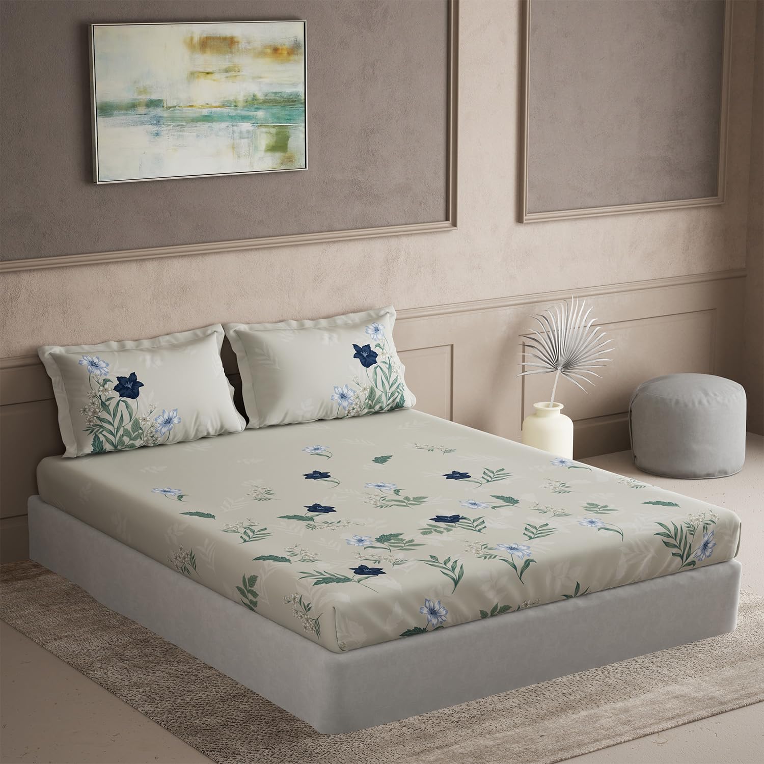 DDECOR - Galaxy Collection 100% Cotton Floral Pattern 145TC Super King Bedsheet |305 CM X 305 CM| with 2 Pillow Covers - Beige