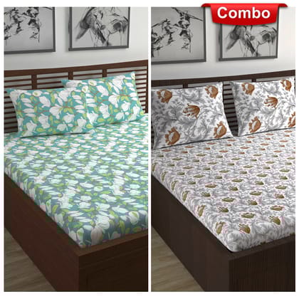 Green and Brown Floral Print Elastic Fitted Combo Bedsheet For Double Bed-Double / Green and Blue / PR5009-EM4012-FDB