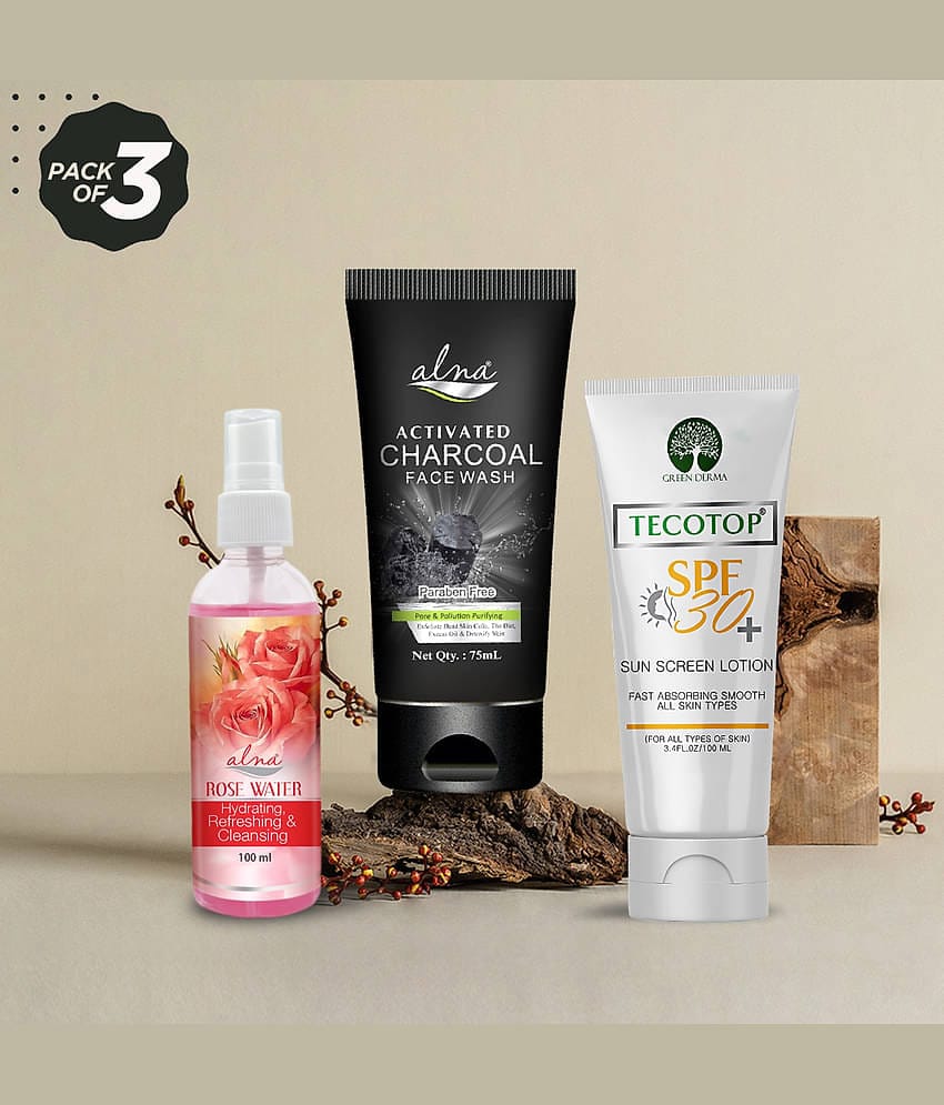 Alna Rose Water 100ml with Charcoal Face Wash 75ml & Tecotop Spf 30+ 100ml , Pack of 3