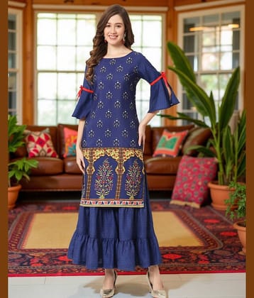 Pannkh Women Printed Kurta Trouser Co-Ord Set ( Navy )