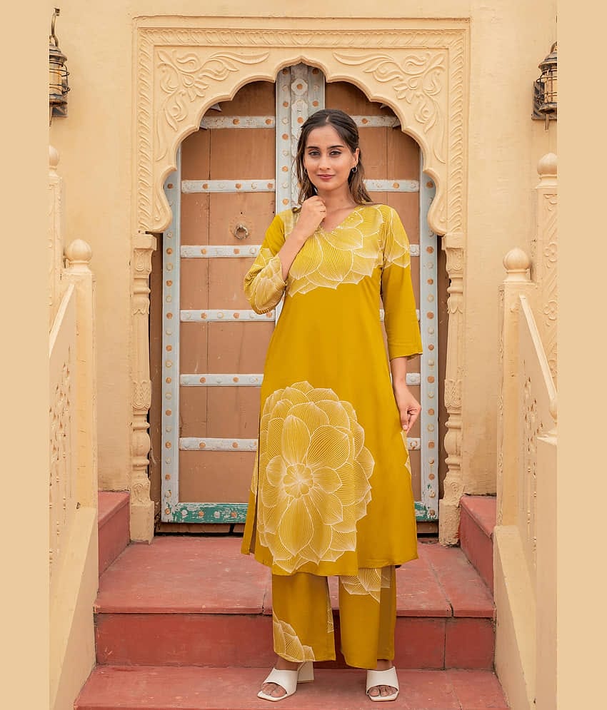Juniper Women Viscose Printed Straight Kurti With Pants ( Mustard )