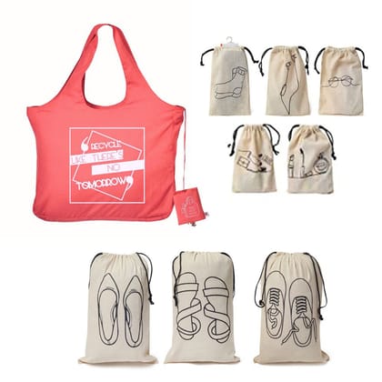 IVillage Travel Combo with 5 Cotton Travel Pouches and 3 Shoe Cover Women Pack Of 8