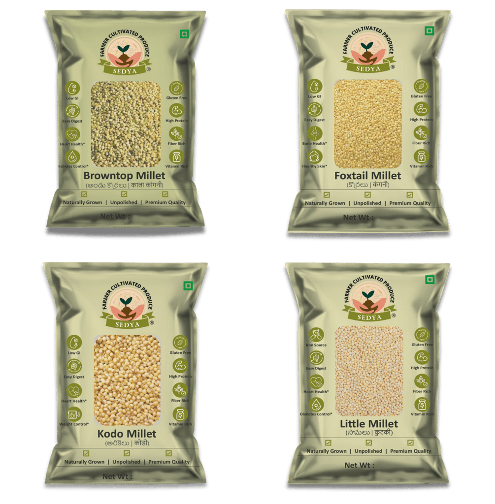 Sedya Four Millet Combo Whole Grains | Browntop Millet 500 g, Foxtail Millet 500 g, Kodo Millet 500 g & Little Millet 500 g (4 Packs) | Certified Low GI | Andu Korralu, Korralu, Arikelu, Samai | Gluten Free | High Plant Protein & Fibre | Total 2 Kg