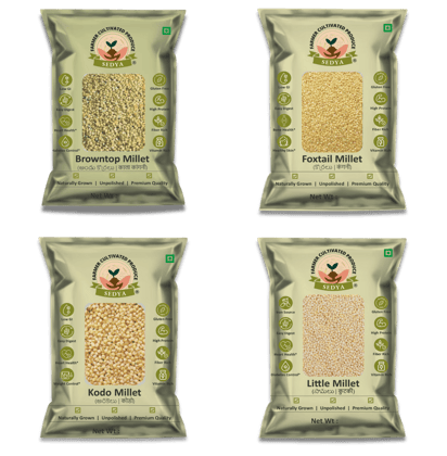 Sedya Four Millet Combo Whole Grains | Browntop Millet 500 g, Foxtail Millet 500 g, Kodo Millet 500 g & Little Millet 500 g (4 Packs) | Certified Low GI | Andu Korralu, Korralu, Arikelu, Samai | Gluten Free | High Plant Protein & Fibre | Total 2 Kg