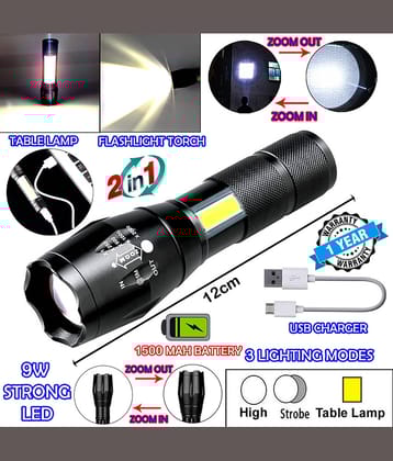 DGM 2in1 Waterproof Rechargeable Zoomable LED 3 Mode COB Table Lamp Metal 9W Flashlight Torch Home / Outdoor Lamp - Pack of 1