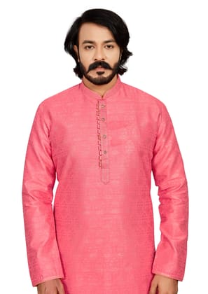 Pink Men's Designer Kurta Jacquard and Embroidered (Only Kurta)-S