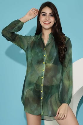Green Abstract Printed Georgette Swimwear Cover Up Shirt-s
