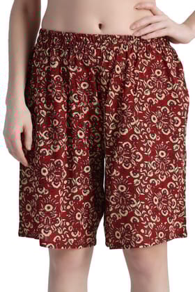 Dark Red Floral Printed Shorts-L / Red