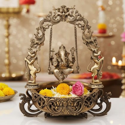 Brass Decorative Ganesh Flower Urli - Spiritual Home Decor Bowl, Diameter : 15.5 Inch (BSMAS012 G)