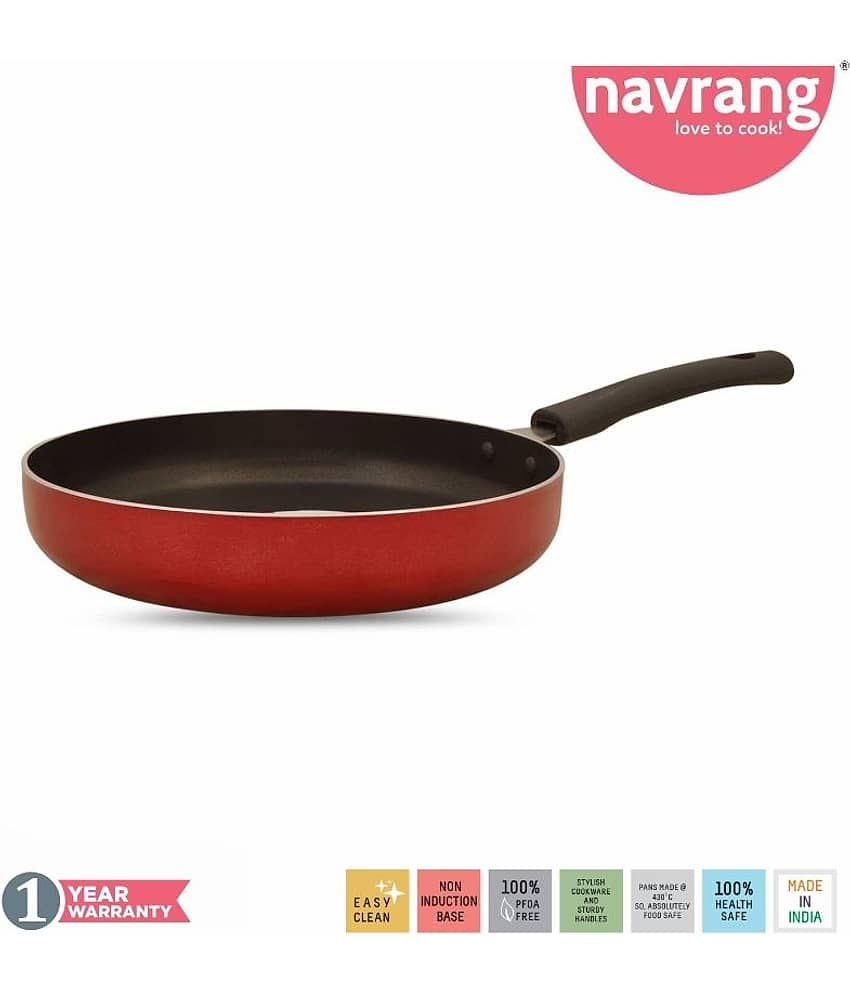 Navrang Non Stick Aluminium Straight Fry Pan With Ss Lid ,230mm,Red -Non Induction