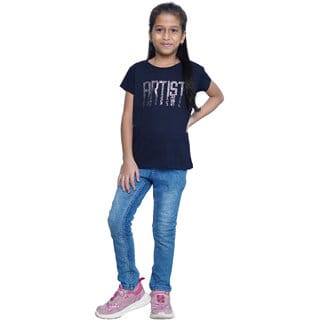 Kid Kupboard Cotton Girls T-Shirt, Dark Blue, Half-Sleeves, 8-9 Years KIDS7068