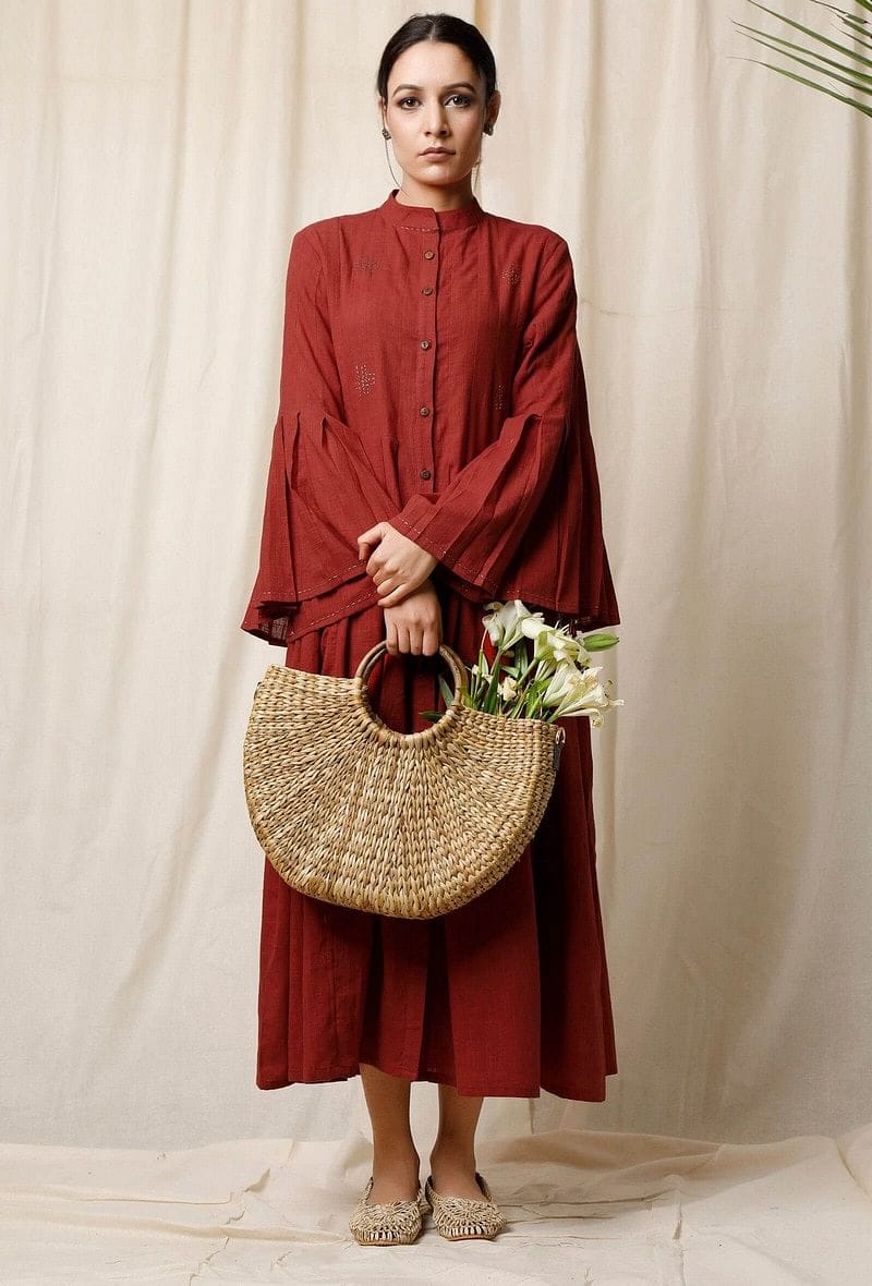 Gerua Box Pleated Cotton Slub Dress-XS