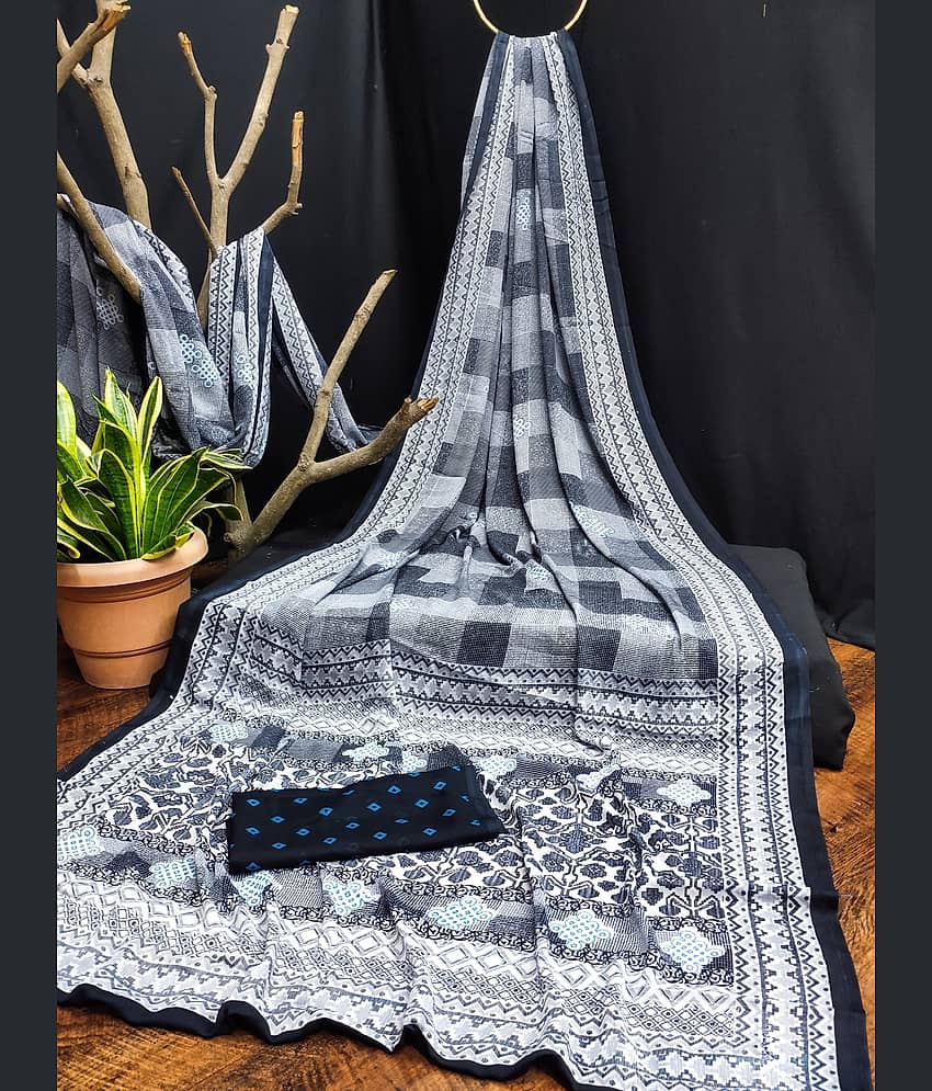 Kanooda Prints Georgette Printed Saree With Unstitched Blouse Piece ( Grey )