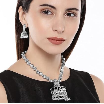 Silver-Toned Temple Design Long  Jewellery Set
