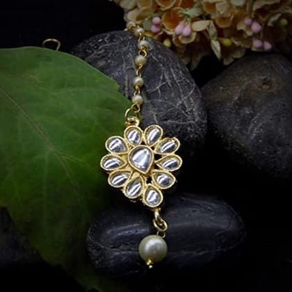 Women Gold-Plated White Kundan and Pearl Maang Tika