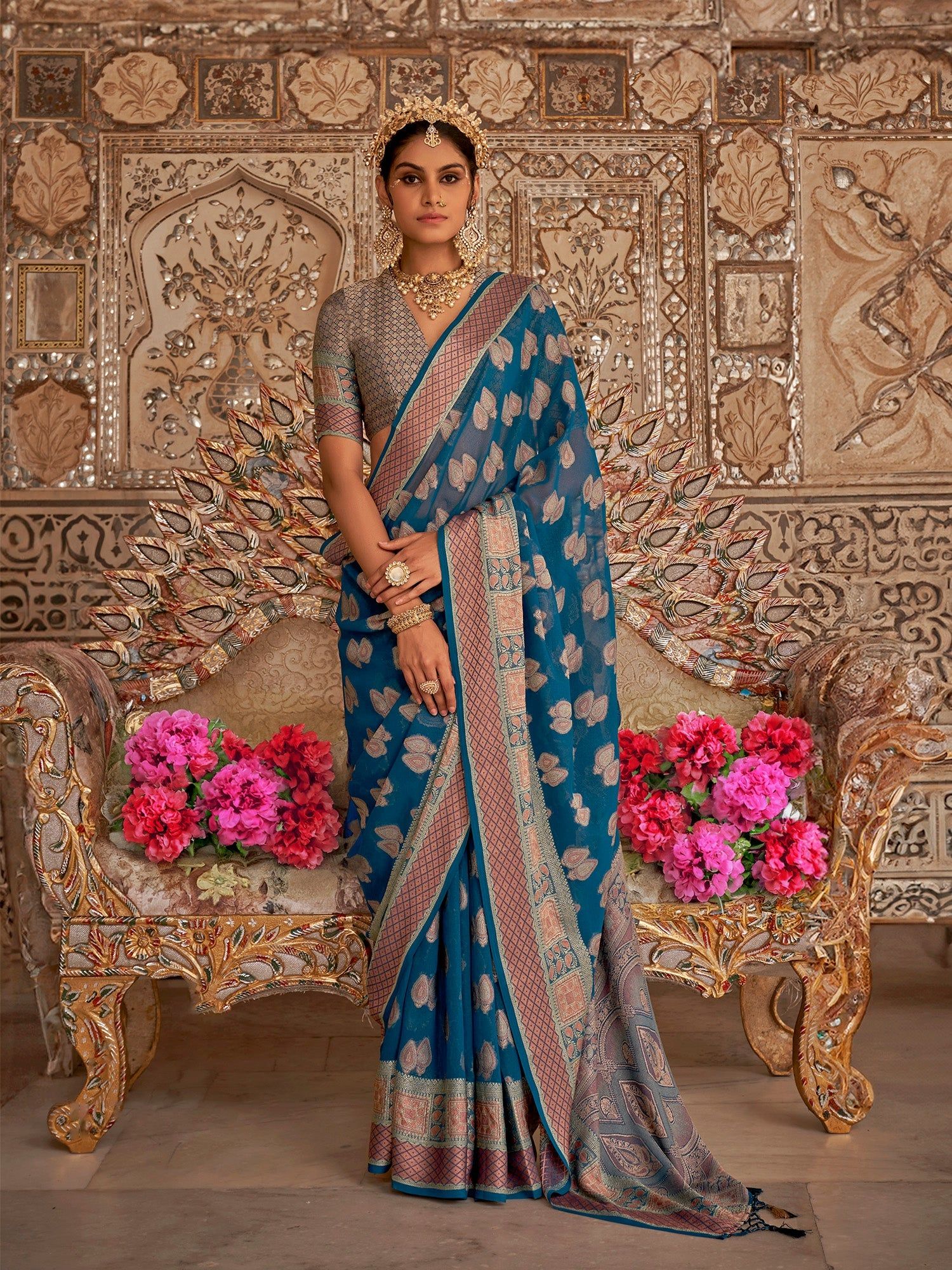 Navy Blue Soft Georgette butta Weaving banarasi Saree