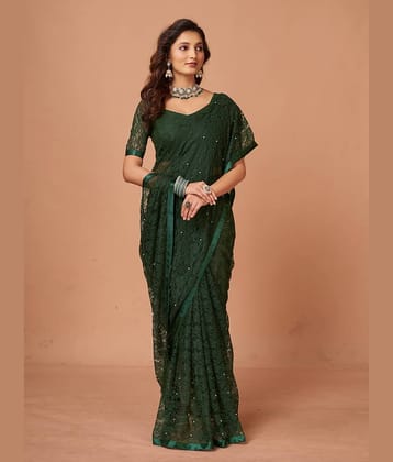 VANRAJ CREATION Brasso Self Design Saree With Unstitched Blouse Piece ( Green )