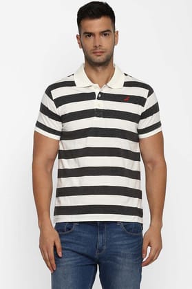 Men's Polo Half Sleeves Striped T-Shirt (Clearance - No Exchange No Refund)-S / Off White & Charcoal Melange