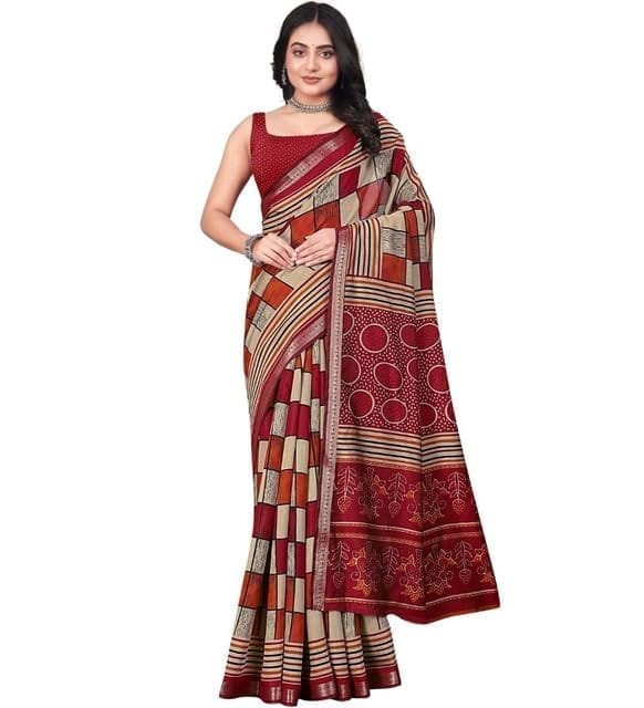 Women's Dupion Silk Block Printed Saree With Unstitched Blouse 5.5Mtr (Multicolor)-PID66736