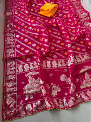Pure dola silk fabric with beautiful dol zari  zari all over and hand bandej   zari havvy contrast bp suppr Saree