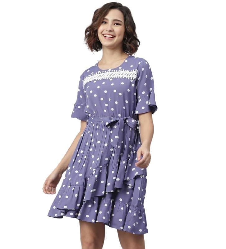 Women's Polyester Polka Bell Sleeve Above Knee Dress (Lavender, S)-PID55784