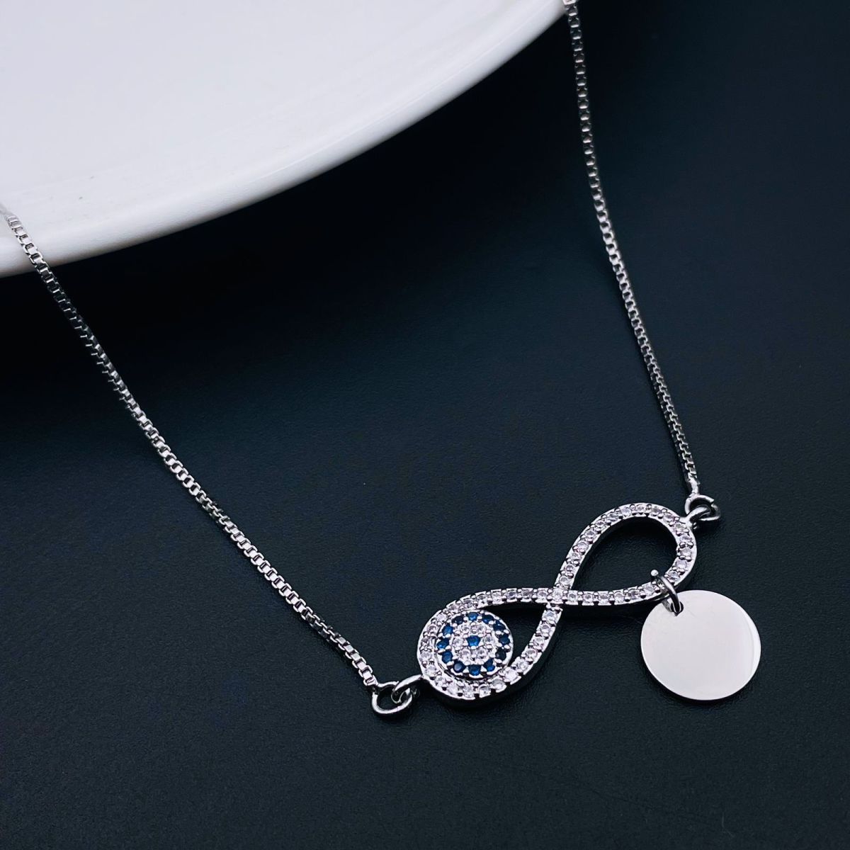 Copper Cubic Zirconia Blue Silver Evil Eye Infinity Pendant Chain for Women-PLAIN