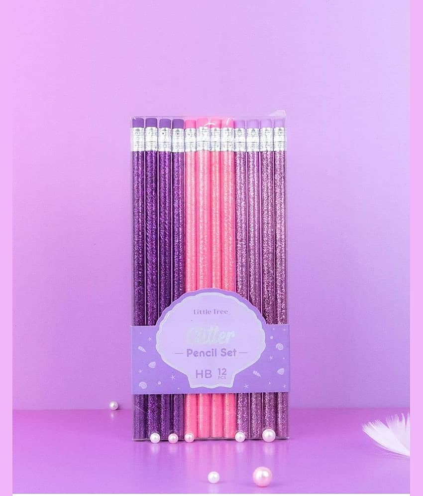 2392 YESKART - 12 Stylish Candy Colour Glitter Body Pencil with Top Eraser Set Attractive  Colour For Kids And Girls Fine s Strong nib Ideal For Tuition School Kids Boys Girls  Diwali Festival Birthday Party Return Gift (Pink-Purple