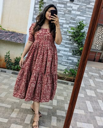 Beautiful azrak print Cotton maxi model dress-M