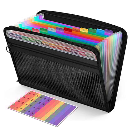 Storite 13 Pocket Expanding File Folder with Sticky Labels, Letter/A4 Paper Accordion File, Document Organizer with Zipper Closure, Certificate File for School Home Office (Grey-Black, 34 * 3.5 *