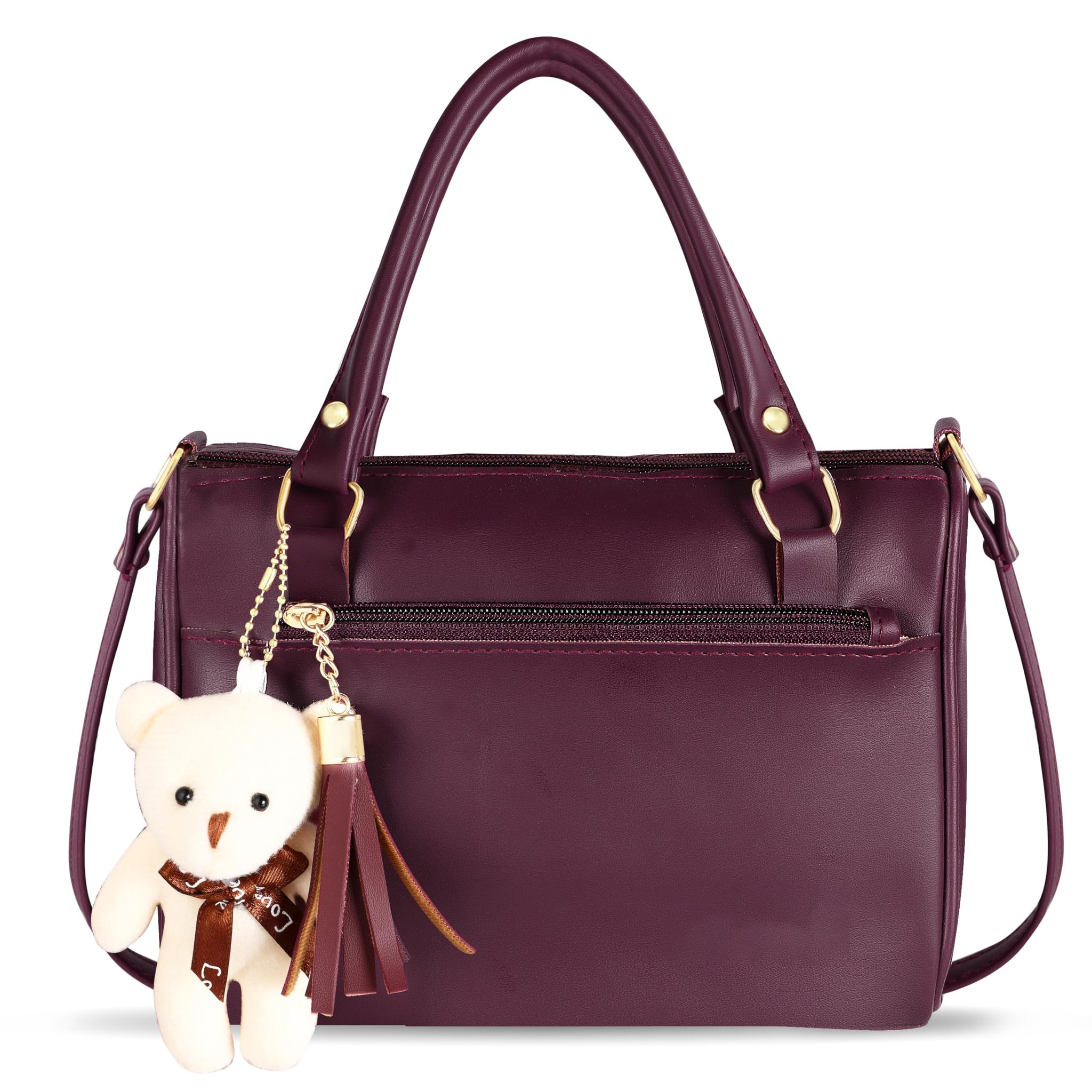Purple Luxurious Faux Leather Handbag With Teddy Bear For Women And Girls HB18