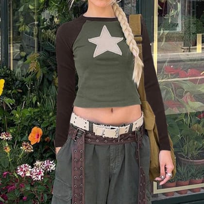 Star Patch Raglan Contrast Color Long Sleeve Tee-S