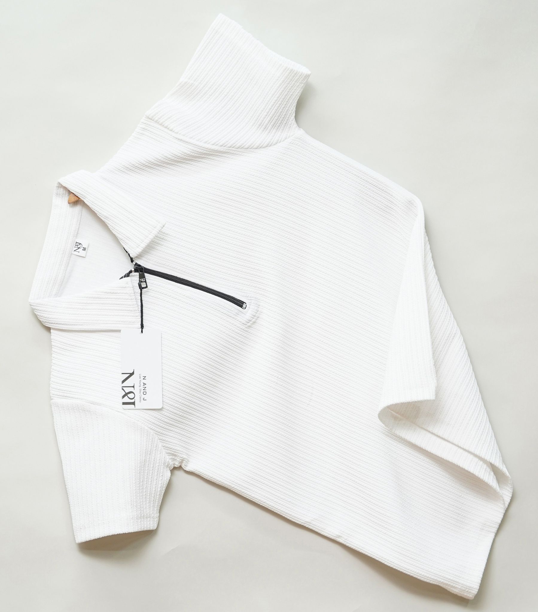 White | Pique Textured | Polo Zipper T-Shirt-M