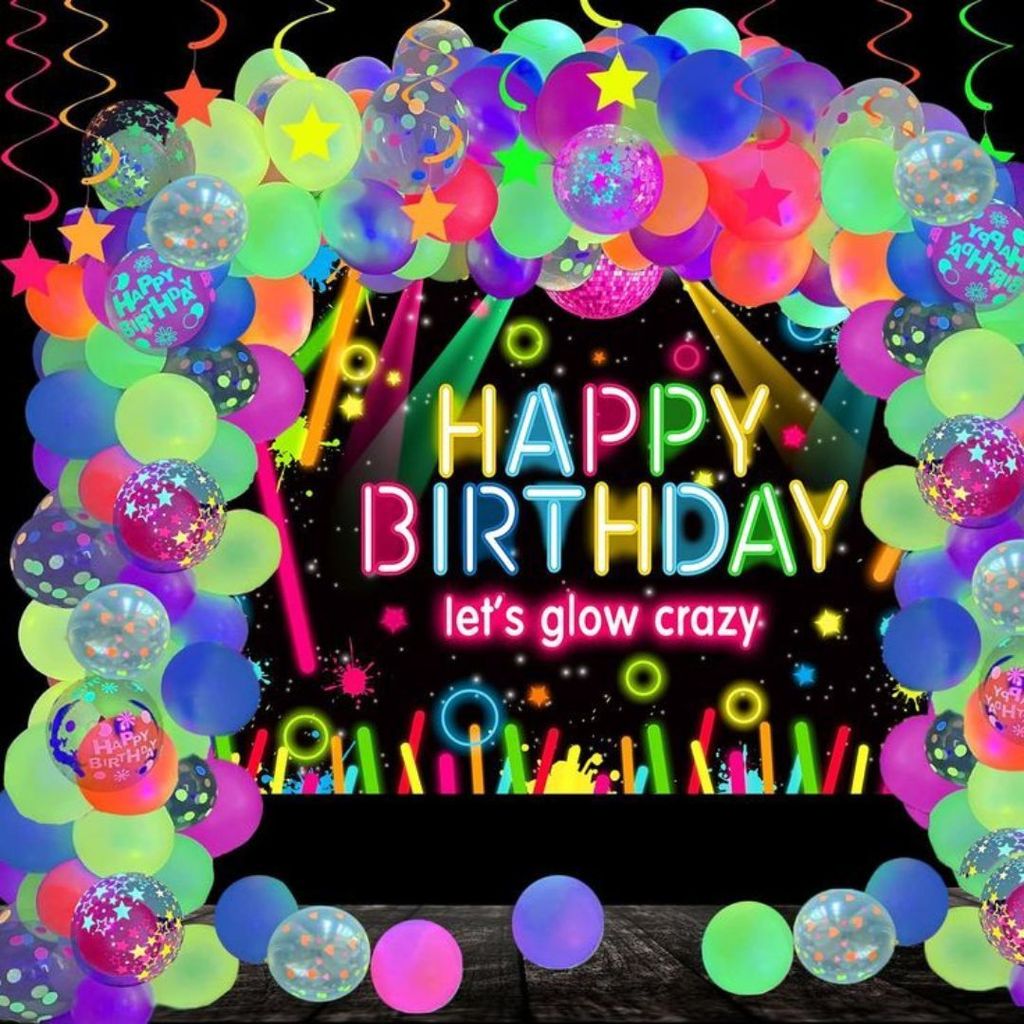 Neon Happy Birthday Banner with Glow In The Dark Balloon Arch Decoration Kit - 80PC - Party and Festive Needs | Buy online on ZillyBuy