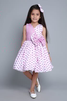 Polkadot & Stripes Cotton Dress with Matching Clip  -Purple-1-2Y / Purple